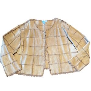 Vintage SMH Woman Tan Leather Patchwork Crochet Trim Jacket Plus Size 2X Boho